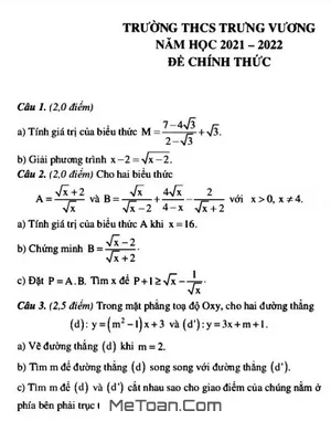 Đề thi học kì 1 Toán 9 năm 2021 - 2022 trường THCS Trưng Vương - Hà Nội