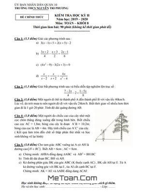 Đề thi HK2 Toán 8 năm 2019 - 2020 trường THCS Nguyễn Tri Phương - TP HCM