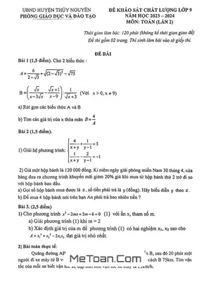Đề khảo sát Toán 9 lần 2 năm 2023 - 2024 phòng GD&ĐT Thủy Nguyên - Hải Phòng