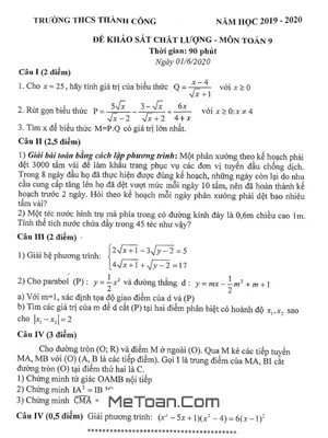 Đề khảo sát Toán 9 năm học 2019 - 2020 trường THCS Thành Công - Hà Nội