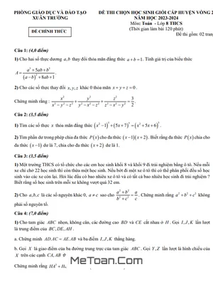 Đề thi HSG Toán 8 vòng 2 năm 2023 - 2024 phòng GD&ĐT Xuân Trường - Nam Định