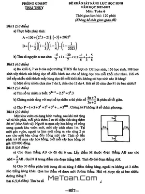 Đề KSNL Toán 6 năm 2022 - 2023 phòng GD&ĐT Thái Thụy - Thái Bình