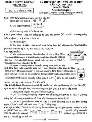 Đề Thi Vào Lớp 10 Môn Toán Năm 2024 - 2025 Sở GD&ĐT Khánh Hòa