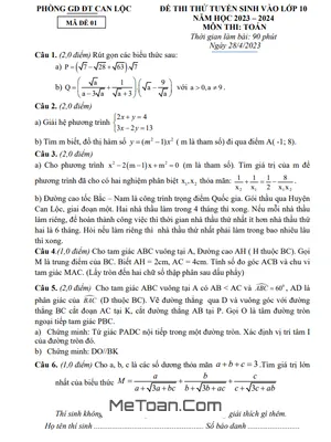 Đề thi thử Toán vào lớp 10 năm 2023 - 2024 phòng GD&ĐT Can Lộc - Hà Tĩnh
