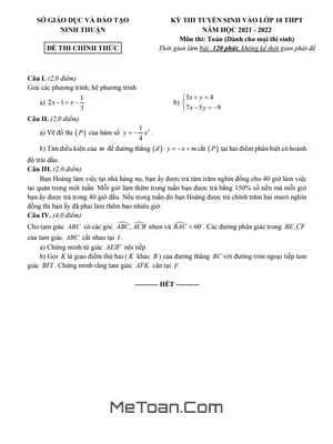 Đề thi tuyển sinh lớp 10 môn Toán năm 2021 - 2022 Sở GD&ĐT Ninh Thuận