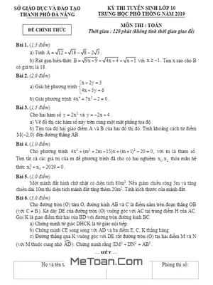 Đề thi tuyển sinh lớp 10 môn Toán Đà Nẵng năm 2019