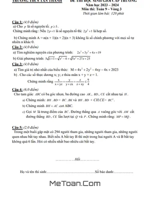Đề thi HSG Toán 9 vòng 3 năm 2023 - 2024 trường THCS Tân Thành - Nghệ An