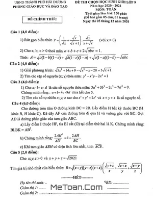 Đề thi chọn HSG Toán 9 năm 2020 – 2021 phòng GD&ĐT thành phố Hải Dương