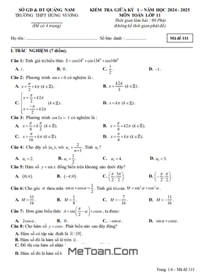 Đề thi giữa kì 1 Toán 11 năm 2024 - 2025 trường THPT Hùng Vương - Quảng Nam (có đáp án)