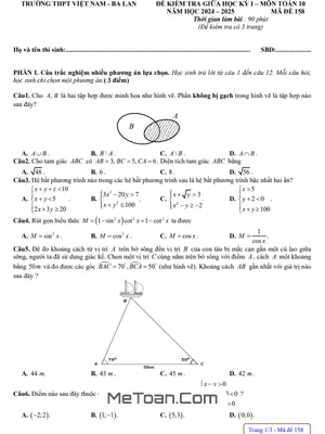 Đề Thi Giữa Kỳ 1 Toán 10 Năm 2024 - 2025 Trường THPT Việt Nam – Ba Lan – Hà Nội