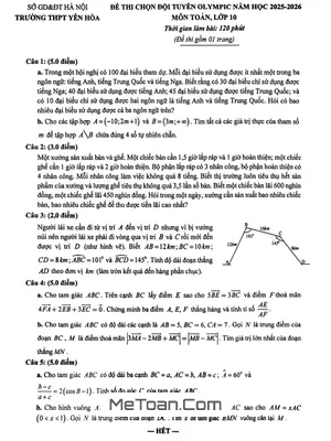 Đề chọn đội tuyển Olympic Toán 10 năm 2025 – 2026 trường THPT Yên Hòa – Hà Nội