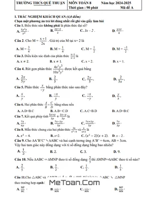 Đề Thi Giữa Học Kỳ 2 Toán 8 Năm 2024 – 2025 Trường THCS Quế Thuận – Quảng Nam