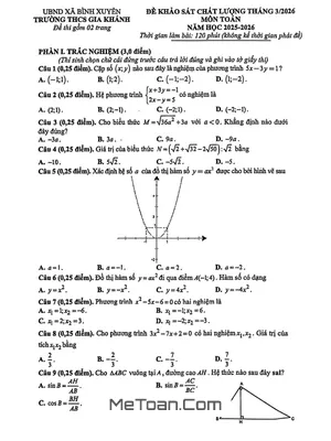 Đề Khảo Sát Toán 9 Tháng 3 Năm 2026 Trường THCS Gia Khánh – Phú Thọ
