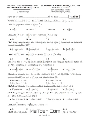 Đề Thi Giữa Học Kỳ 2 Toán 12 Năm 2025-2026: Trường THPT Nguyễn Huệ, TP.HCM