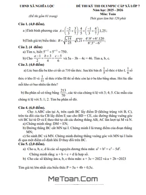 Đề Thi Olympic Toán Lớp 7 Xã Nghĩa Lộc, Nghệ An Năm Học 2025-2026