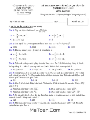 Đề thi chọn HSG Toán 11 năm học 2019 - 2020 cụm Tân Yên - Bắc Giang