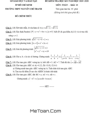 Đề thi học kì 1 Toán 10 năm 2019 - 2020 trường Nguyễn Chí Thanh - TP HCM