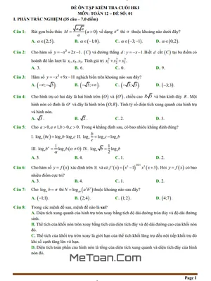 12 Đề Ôn Tập Kiểm Tra Cuối Học Kì 1 Môn Toán 12 (70% TN + 30% TL)