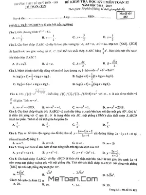Đề thi học kỳ 1 Toán 12 năm 2018 - 2019 trường THPT Lê Quý Đôn - Hà Nội (Mã đề 482)