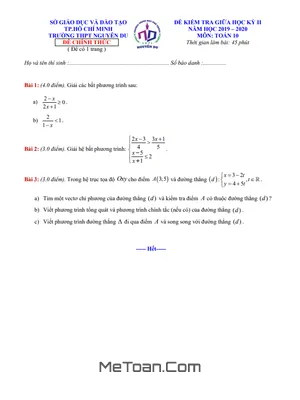 Đề thi giữa kỳ 2 môn Toán lớp 10 năm 2019 - 2020 trường THPT Nguyễn Du - TP.HCM
