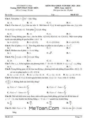 Đề Thi Giữa Kì 2 Môn Toán Lớp 12 Năm 2023 - 2024 Trường THPT Phan Ngọc Hiển - Cà Mau