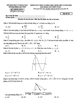 Đề khảo sát chất lượng Toán 12 năm 2020 sở GD&ĐT thành phố Cần Thơ