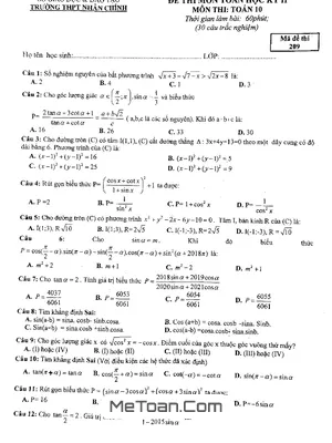 Đề thi học kì 2 môn Toán lớp 10 năm 2018 - 2019 trường THPT Nhân Chính - Hà Nội