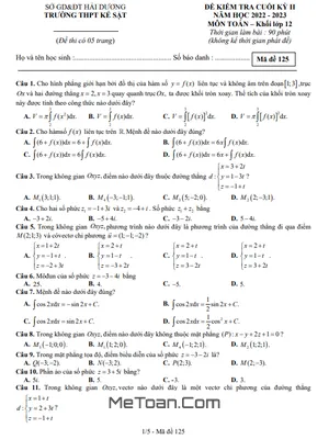 Đề Thi Cuối Kỳ 2 Toán 12 Năm 2022 - 2023 Trường THPT Kẻ Sặt - Hải Dương