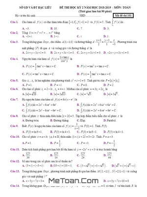 Đề thi học kỳ 2 Toán 12 năm học 2018 - 2019 sở GD&KHCN Bạc Liêu