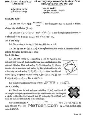 Đề thi chọn HSG tỉnh Toán 12 năm 2023 - 2024 Sở GD&ĐT Lâm Đồng