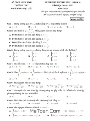 Đề thi thử Toán TN THPT 2022 lần 3 trường THPT Ninh Bình - Bạc Liêu - Ninh Bình