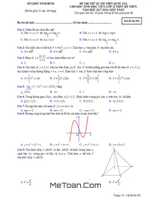 Đề thi thử Toán THPT Quốc gia 2018 sở GD&ĐT Ninh Bình (Mã đề 004) có đáp án