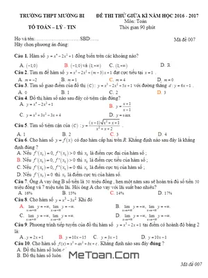 Đề Thi Thử THPT Quốc Gia 2017 Môn Toán - Trường THPT Mường Bi - Hòa Bình (Có Đáp Án)