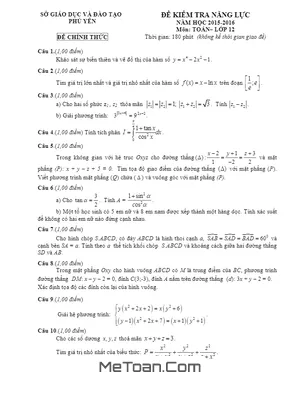 Đề thi thử THPT Quốc gia môn Toán năm 2016 - Sở GD&ĐT Phú Yên