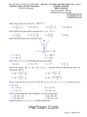 Đề KSCL Toán 10 Lần 2 Năm 2020 - 2021 Trường THPT Chuyên Vĩnh Phúc