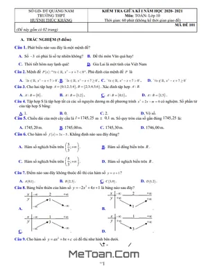 Đề thi giữa HK1 Toán 10 năm 2020 - 2021 trường THPT Huỳnh Thúc Kháng - Quảng Nam