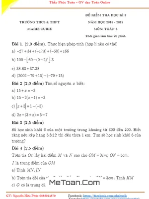 Đề kiểm tra học kỳ 1 Toán lớp 6 năm 2018 - 2019 trường Marie Curie - Hà Nội