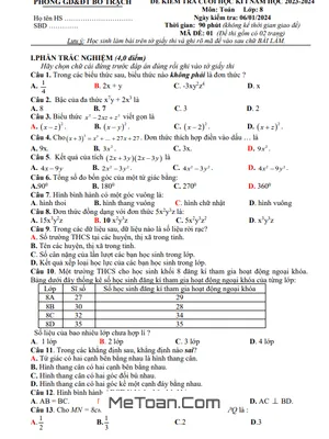 Đề Thi Cuối Kì 1 Toán 8 Năm 2023 - 2024 Phòng GD&ĐT Bố Trạch - Quảng Bình