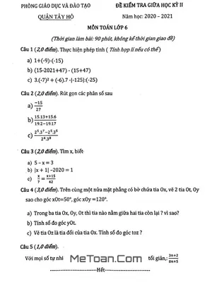 Đề thi giữa kỳ 2 Toán lớp 6 năm 2020 - 2021 phòng GD&ĐT Tây Hồ - Hà Nội