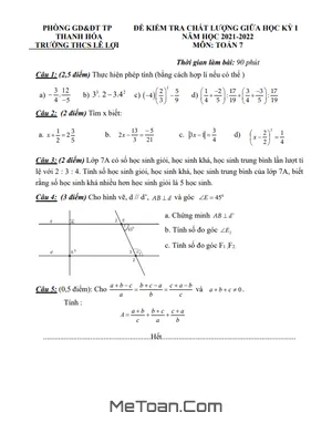 Đề thi giữa kì 1 Toán 7 năm 2021 - 2022 trường THCS Lê Lợi - Thanh Hóa