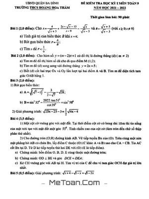 Đề thi học kỳ 1 Toán 9 năm 2021 - 2022 trường THCS Hoàng Hoa Thám - Hà Nội