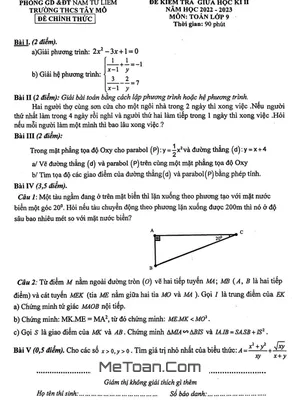 Đề thi giữa kì 2 Toán 9 năm 2022-2023 trường THCS Tây Mỗ - Hà Nội