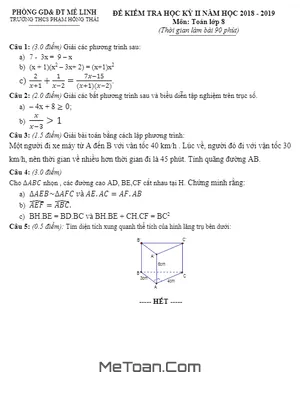 Đề thi HK2 Toán 8 năm 2018 - 2019 trường THCS Phạm Hồng Thái - Hà Nội
