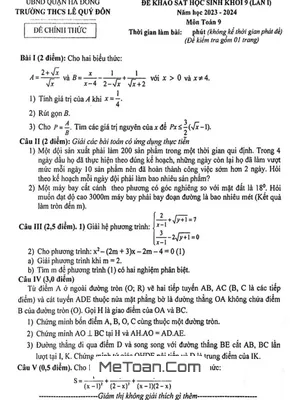 Đề khảo sát Toán 9 lần 1 năm 2023 - 2024 trường THCS Lê Quý Đôn - Hà Nội