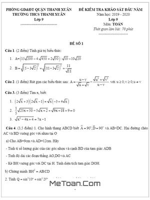 Đề khảo sát chất lượng đầu năm môn Toán 9 năm 2019 - 2020 trường THCS Thanh Xuân - Hà Nội