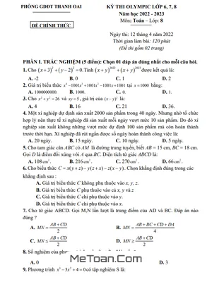 Đề thi Olympic Toán 8 năm 2022 - 2023 phòng GD&ĐT Thanh Oai - Hà Nội