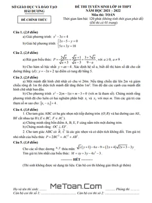 Đề thi tuyển sinh lớp 10 môn Toán năm 2021 - 2022 Sở GD&ĐT Hải Dương
