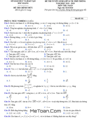 Đề Thi Tuyển Sinh Lớp 10 Môn Toán Sở GD&ĐT Bắc Giang Năm 2019 - 2020