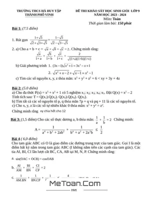 Đề thi học sinh giỏi Toán 9 năm 2023 - 2024 trường THCS Hà Huy Tập - Nghệ An