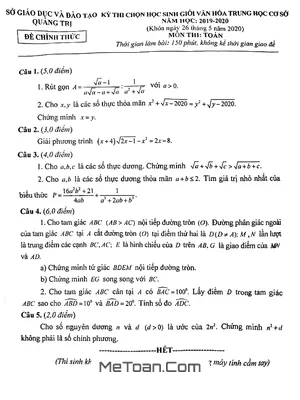 Đề thi học sinh giỏi Toán THCS năm 2019 - 2020 sở GD&ĐT Quảng Trị